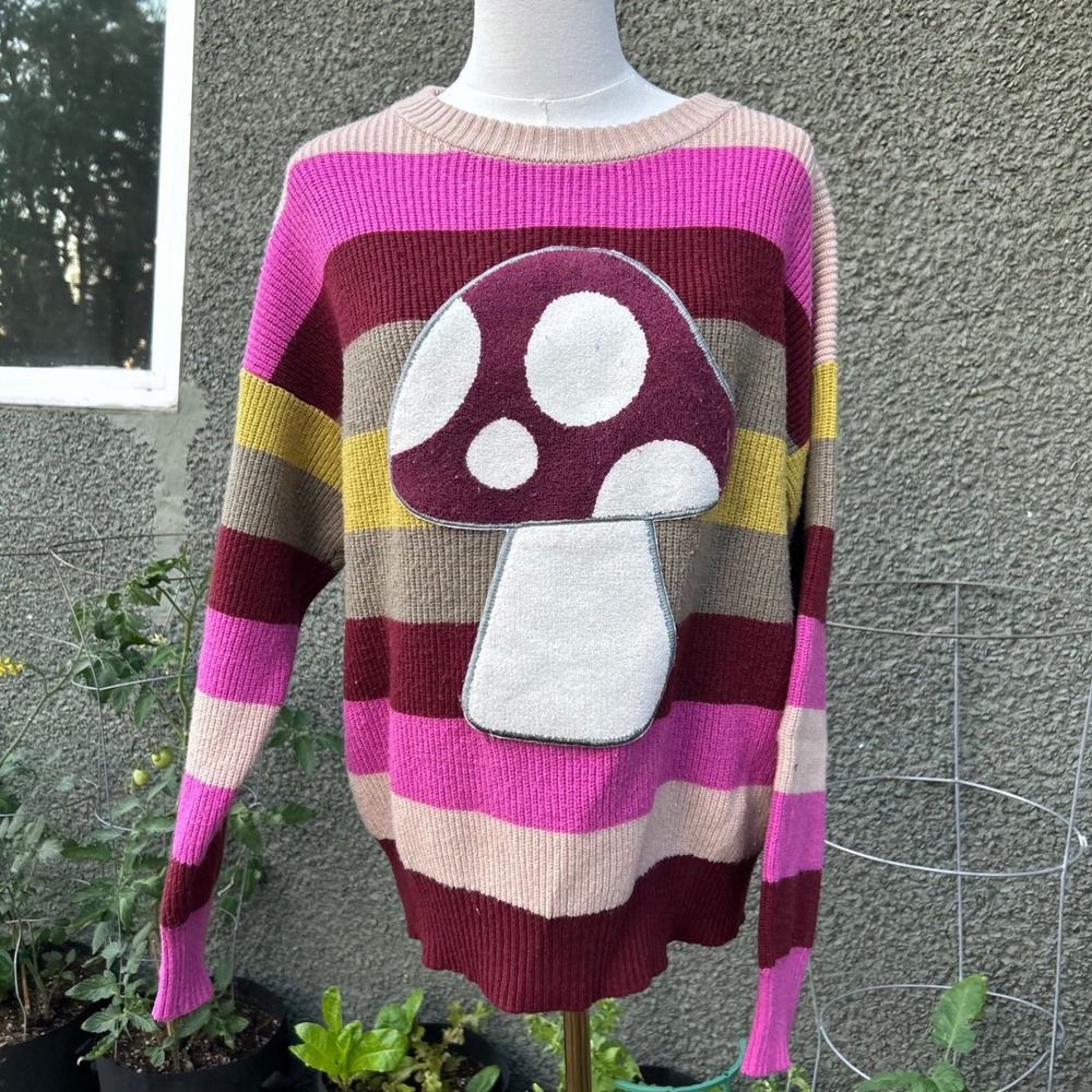 Forever 21 Mushroom Sweater Women Pink Striped Knit Toadstool Pullover Crewneck
